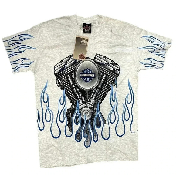 NWT Harley Davidson AOP V-twin motor blue flames‎ M - Picture 1 of 9